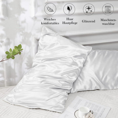 Satin Kissenbezug 2er-Set Weiß 40x70 mit Haargummis, pflegeleicht