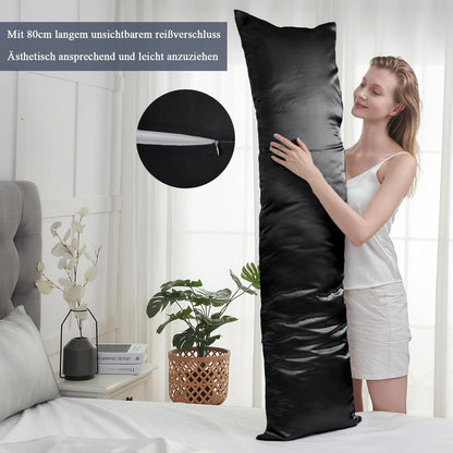 Vielit Satin Seitenschläferkissenbezug 40x145cm Schwarz 2 Haargummis Öko-Zertifikat