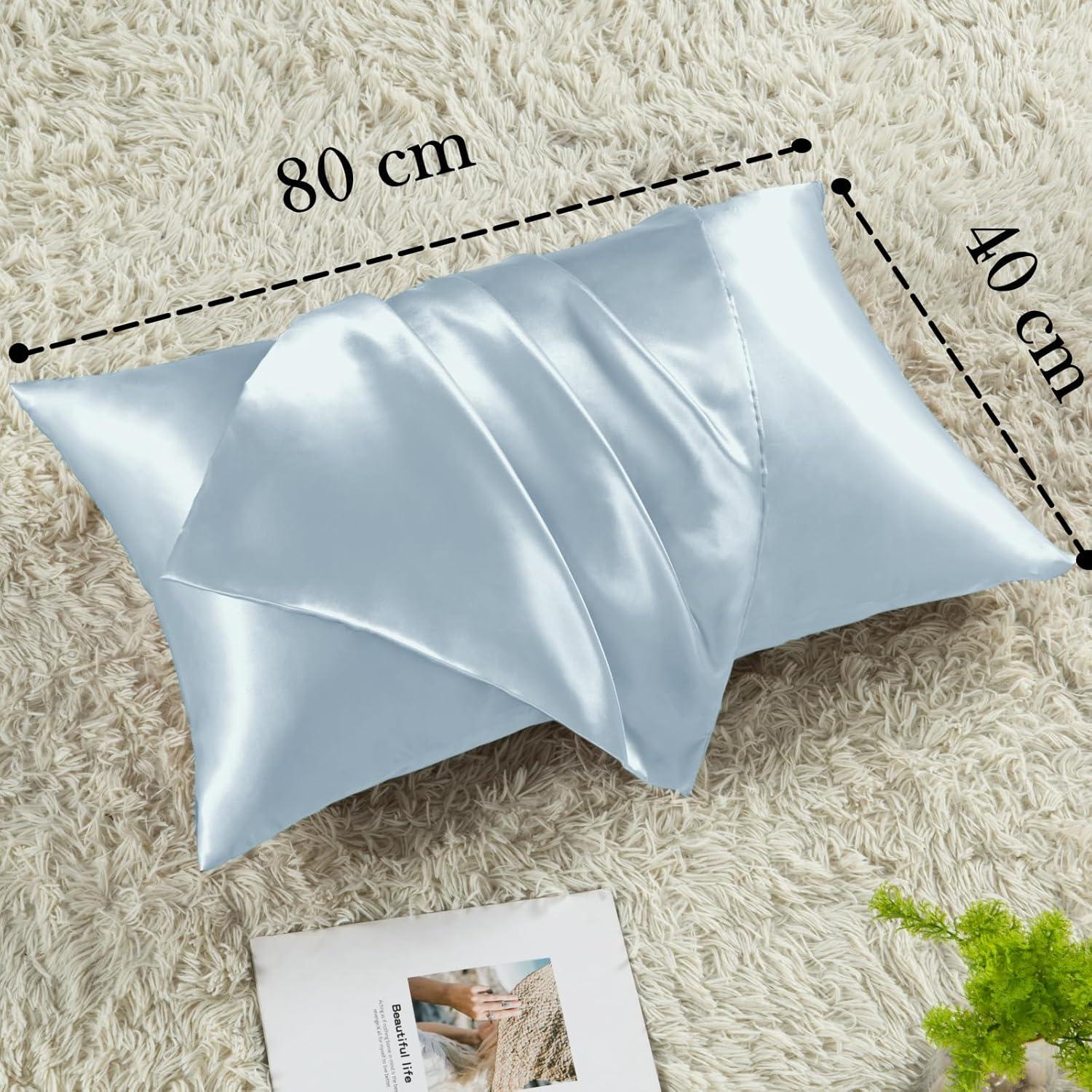 Vielit 2er Set Satin Kissenbezüge 40x80 Hellblau mit Haargummis