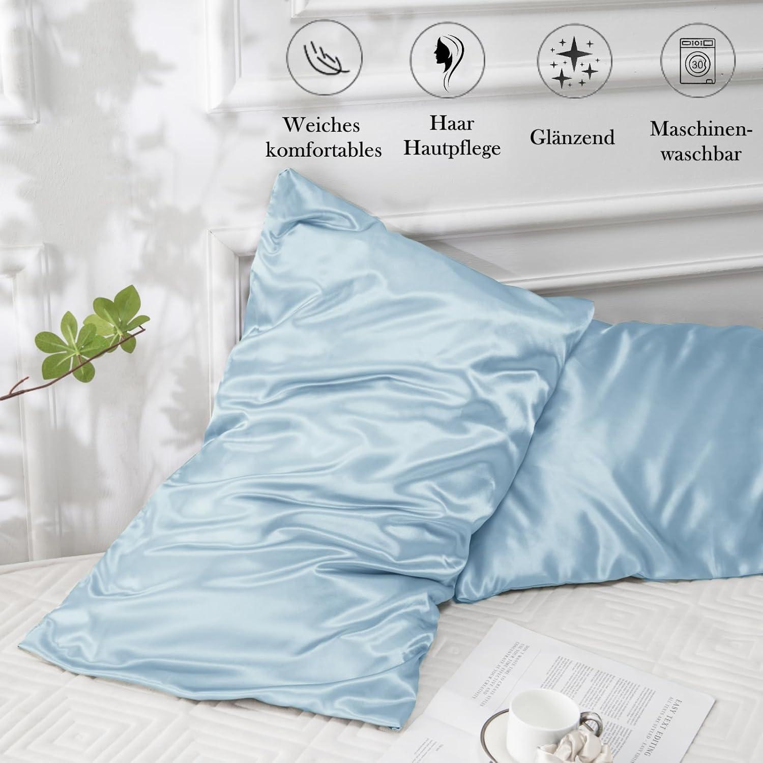 Satin Kissenbezug 40x80 Hellblau 2er Set mit Haargummis & Umschlag