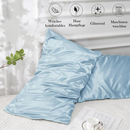 Satin Kissenbezug 40x80 Hellblau 2er Set mit Haargummis & Umschlag