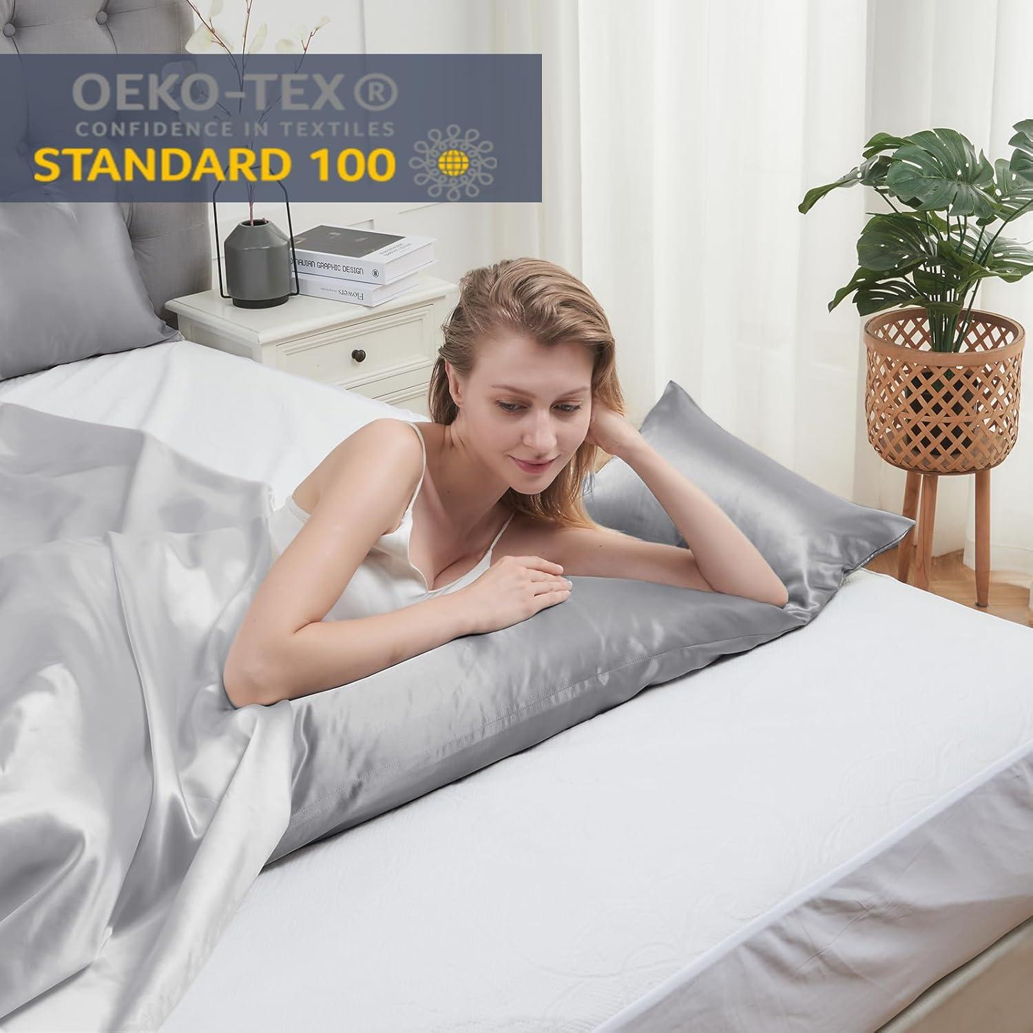 Satin Seitenschläferkissenbezug mit Haargummis Grau 40x145cm