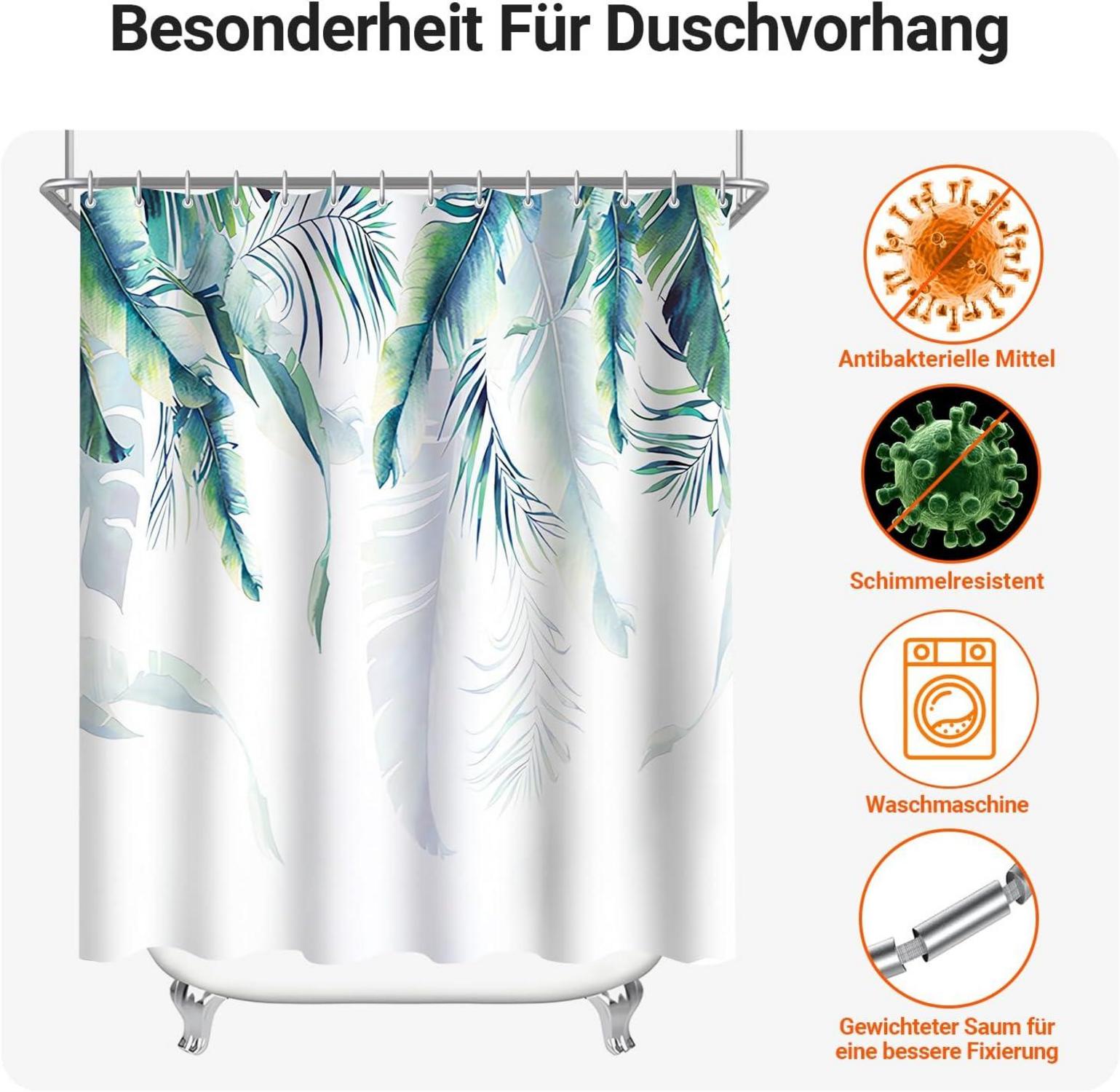 Duschvorhang 240x200cm Grün Blätter Wasserdicht Antischimmel 16 Ringe