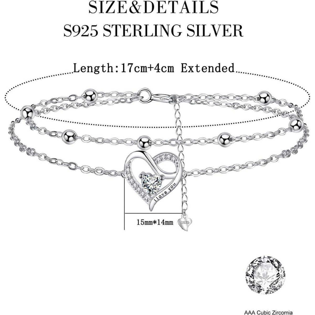 Damen Armband Silber 925 Doppelherz Zirkonia verstellbar