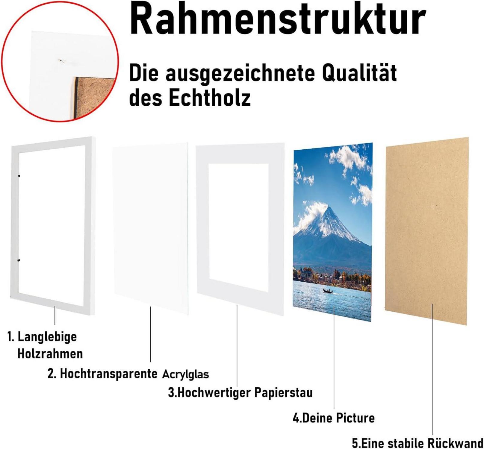Kollyseek Bilderrahmen 40x60cm Echtholz mit Passepartout Weiß Acrylglas Kieferholz Fotorahmen