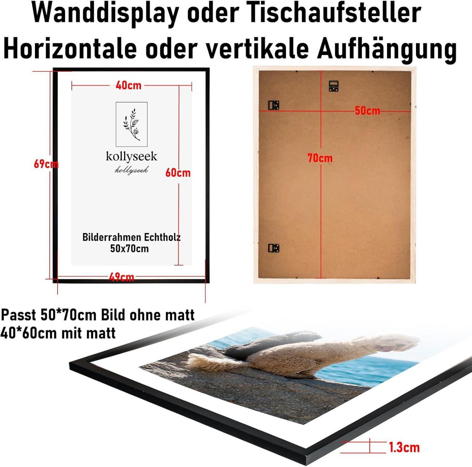 Kollyseek Bilderrahmen 50x70cm Echtholz Passepartout Acrylglas Schwarz