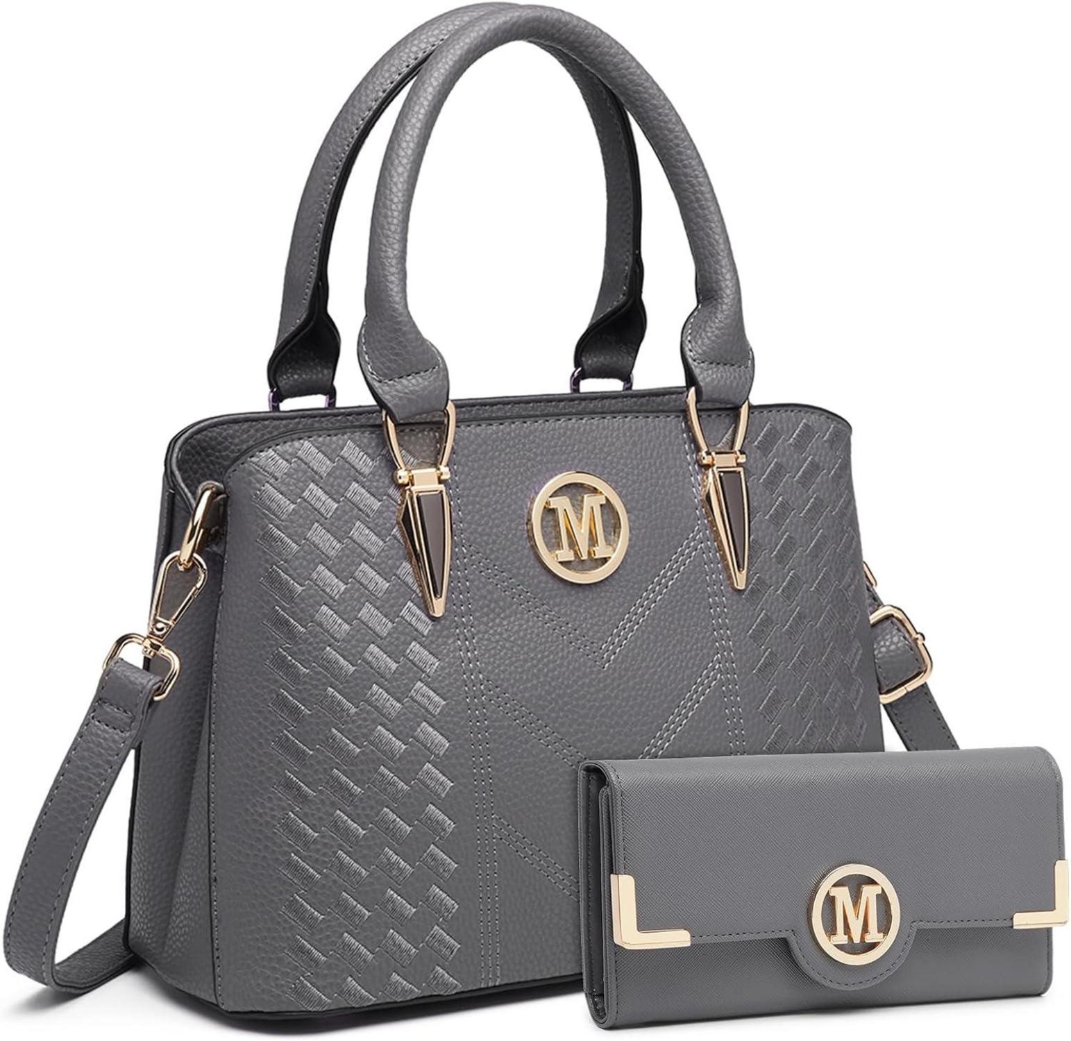 Damen PU Leder Handtasche und Geldbörse Set Grau