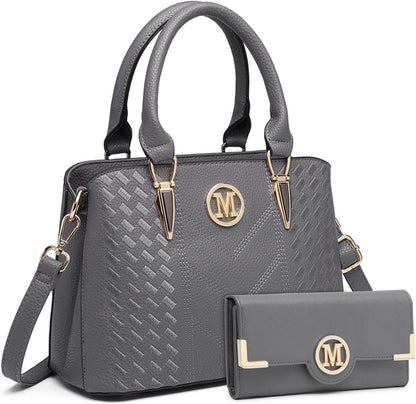 Damen PU Leder Handtasche und Geldbörse Set Grau