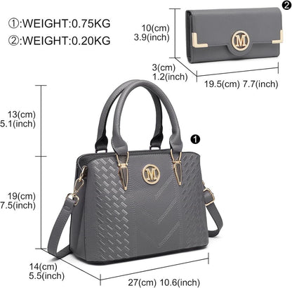 Damen PU Leder Handtasche und Geldbörse Set Grau