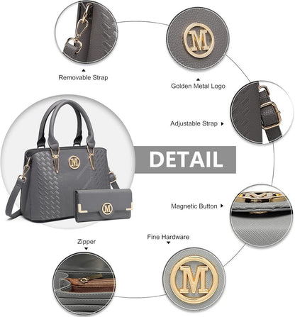 Miss Lulu Damen Handtasche Set Grau PU Leder Henkeltasche Schultertasche Geldbörse