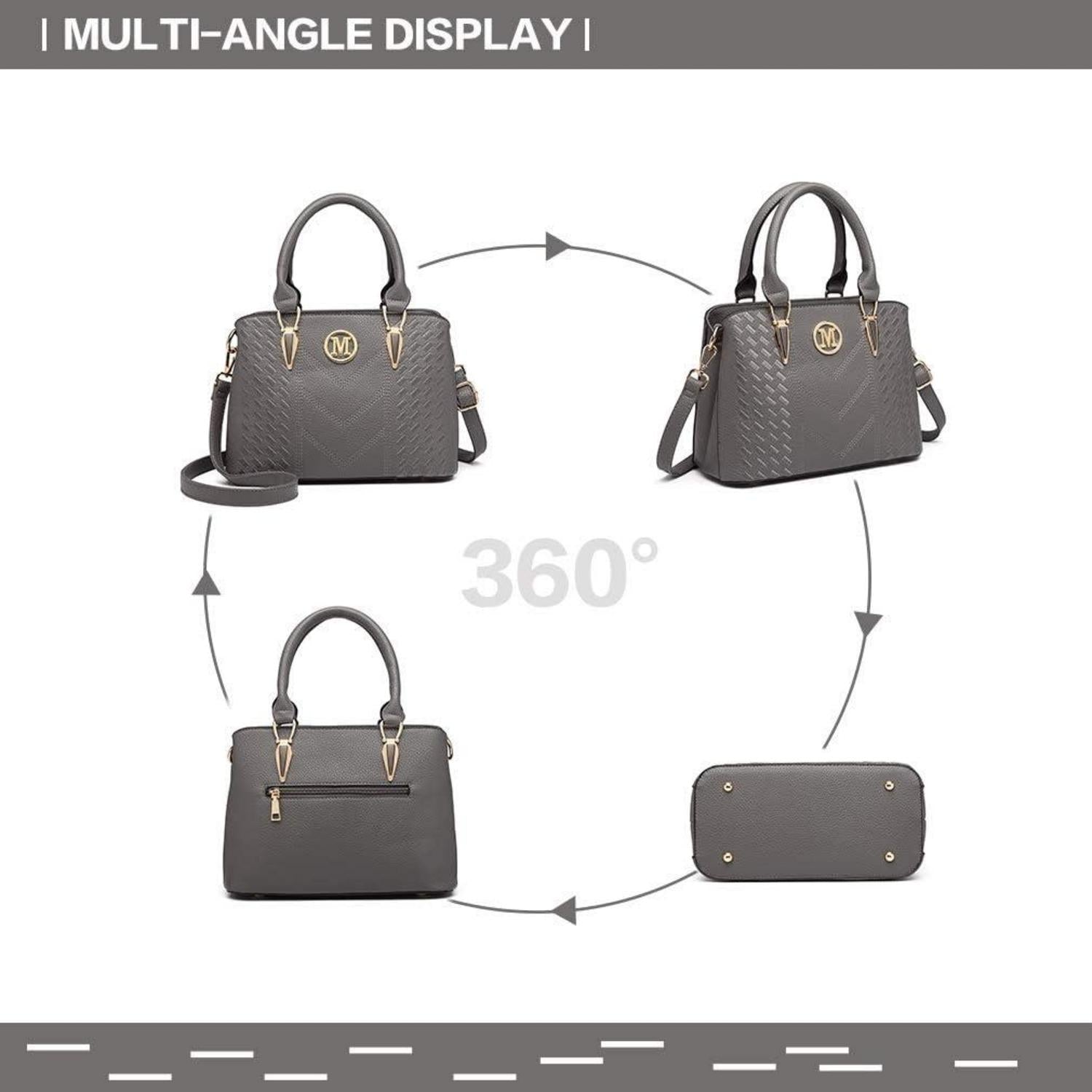 Handtasche Damen Mittelgroß Grau Geldbörse Set PU-Leder