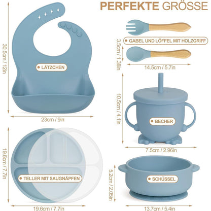 Silikon Baby Geschirr Set 7-teilig mit Saugnapf & Lätzchen