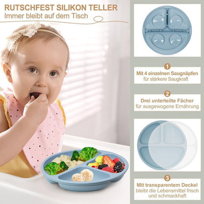 Silikon Baby Geschirr Set 7-teilig mit Saugnapf & Lätzchen