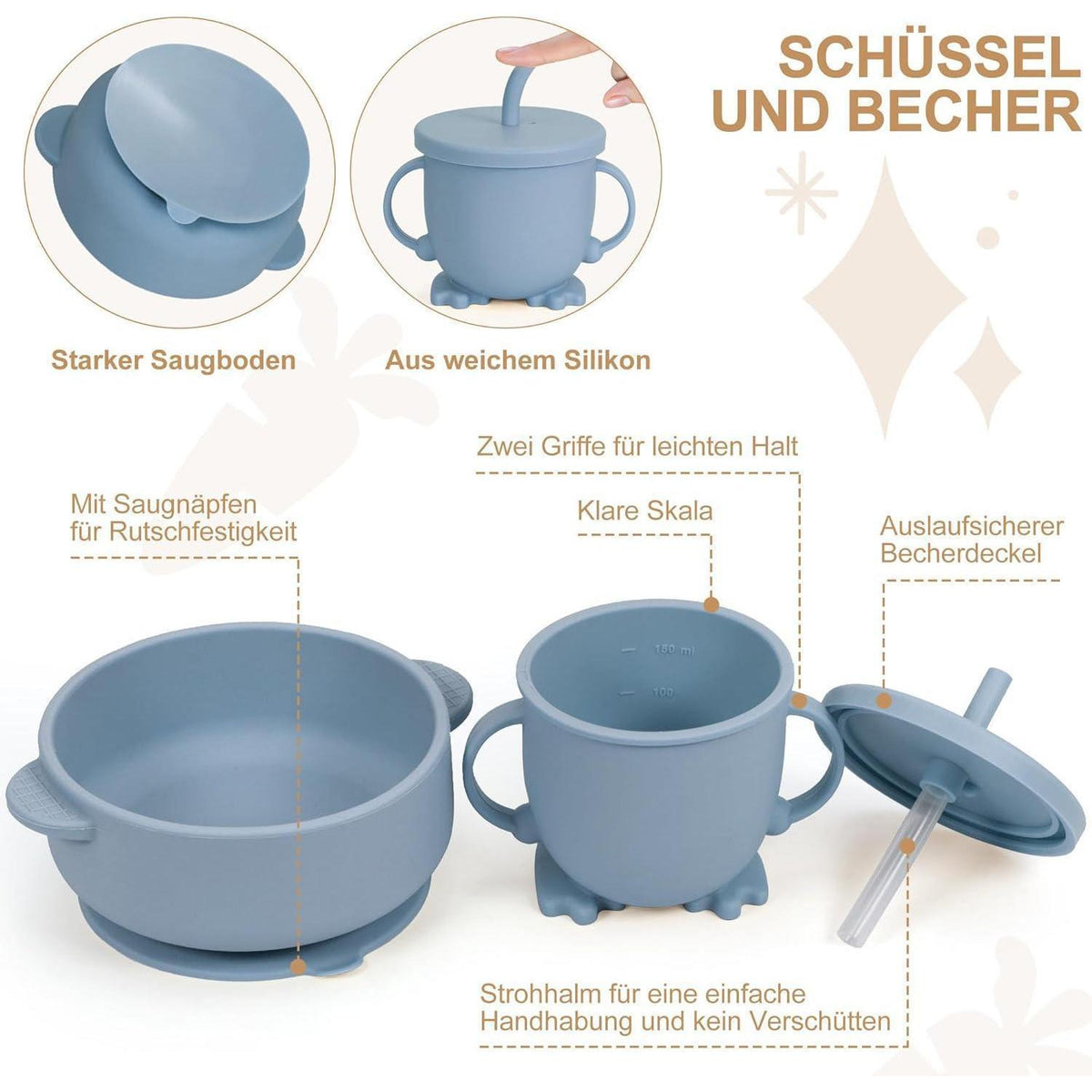 Silikon Baby Geschirr Set 7-teilig mit Saugnapf & Lätzchen