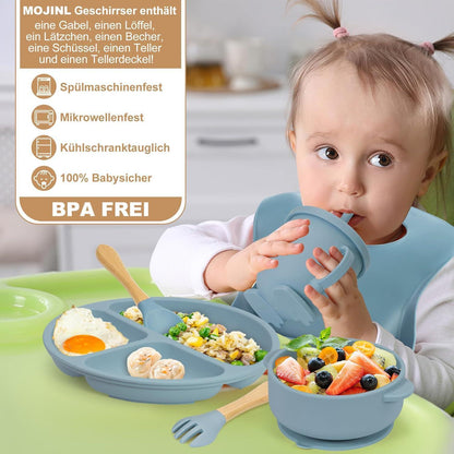 Silikon Baby Geschirr Set 7-teilig mit Saugnapf & Lätzchen