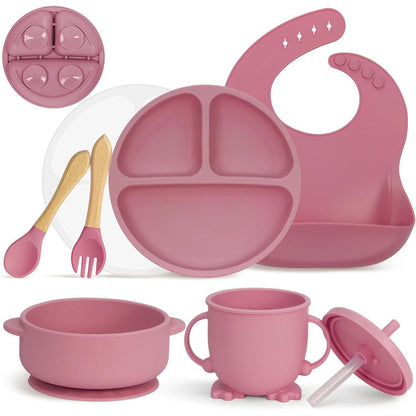 Silikon Baby Geschirr Set 7-teilig mit Saugnapf & Lätzchen Rosa