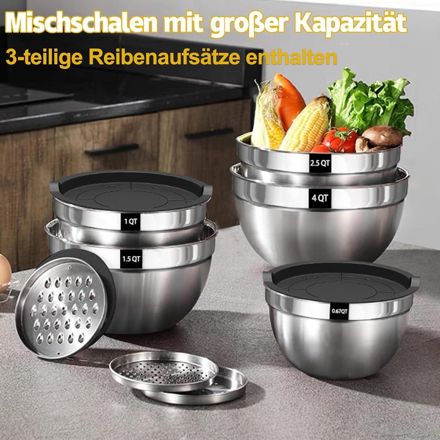 Rührschüssel Set Edelstahl 5-teilig mit Deckel und Reibenaufsätzen