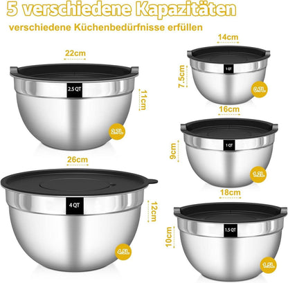 Terlulu Edelstahl Rührschüssel Set 5er - Luftdichter Deckel, 3 Reibeaufsätze, Stapelbar