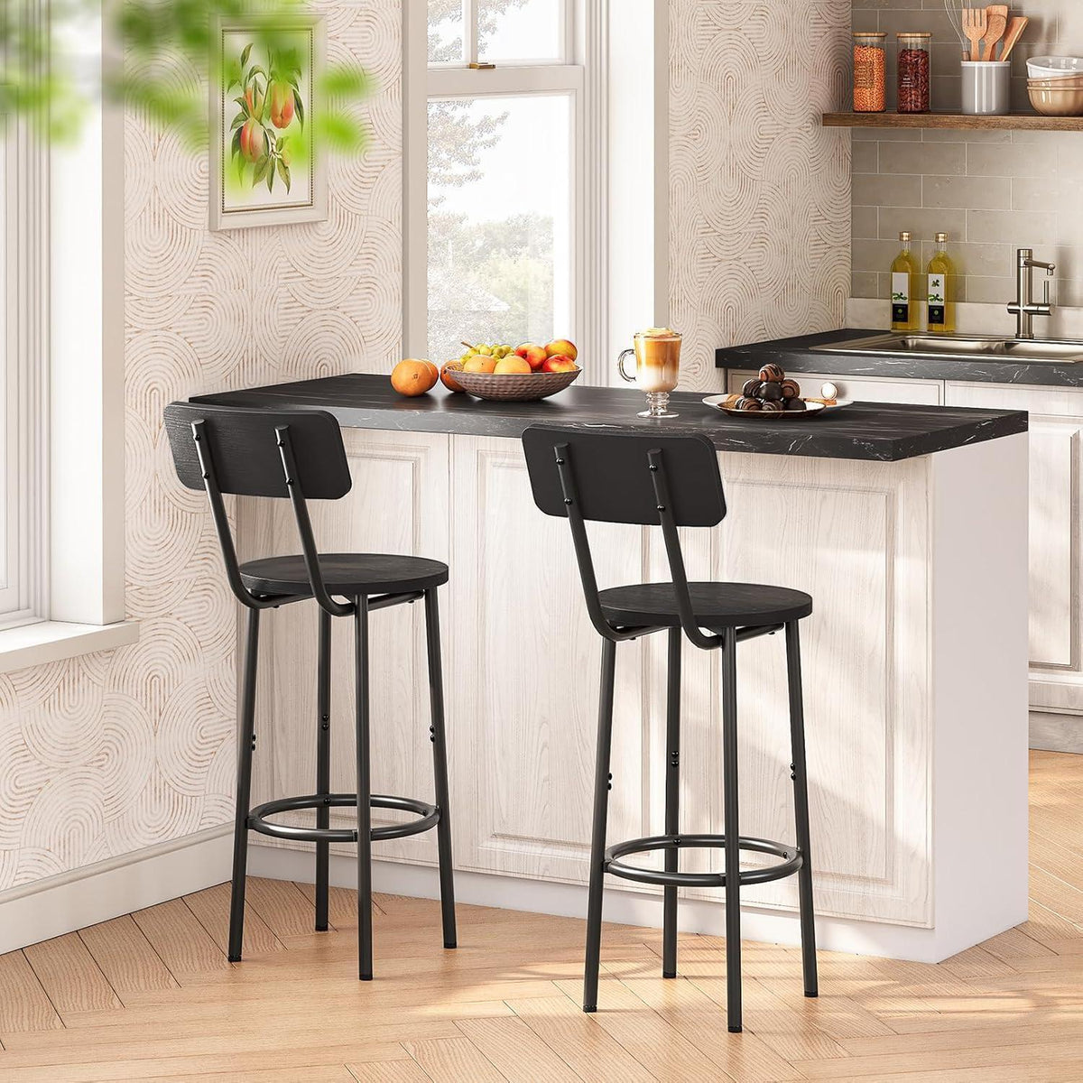 Barhocker Set 2er-Pack mit Rückenlehne & Fußstütze Schwarz