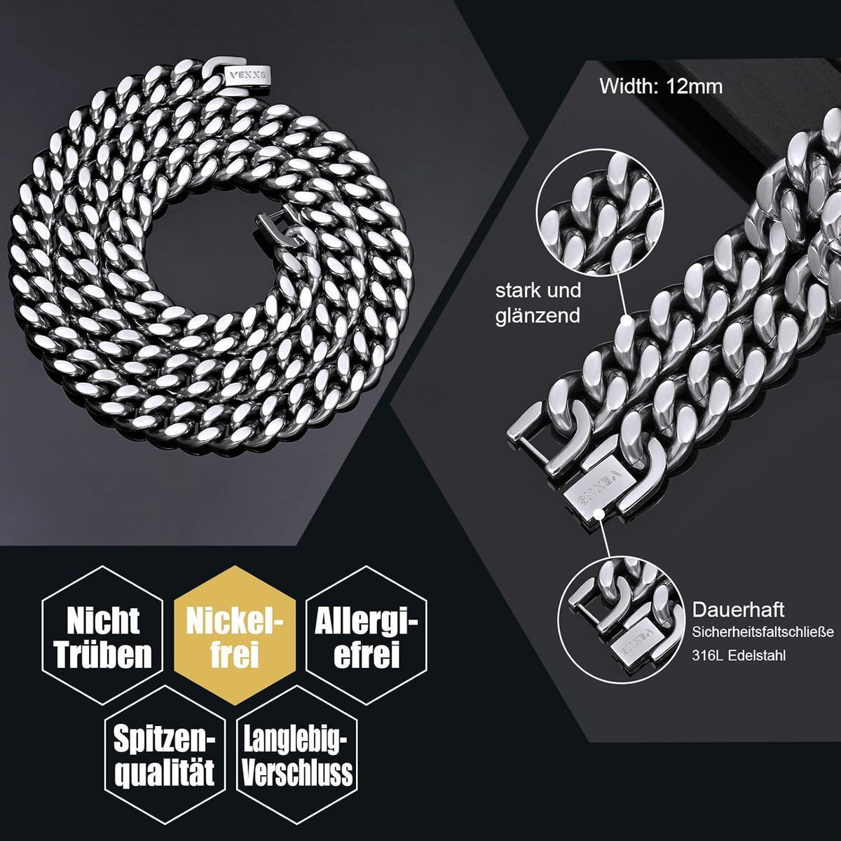 Herren Panzerkette 18 Karat Vergoldet Edelstahl 10/12mm, 46-66cm