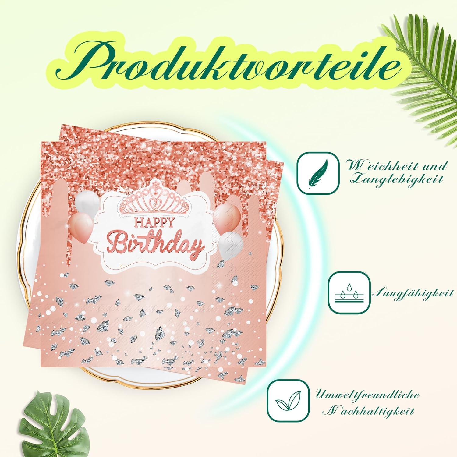 80Stück Happy Birthday Servietten Rosa 33x33cm Party Deko Glamourös