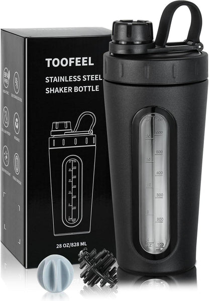 Protein Shaker Flasche Edelstahl 28 oz mit Fenster & Schneebesen