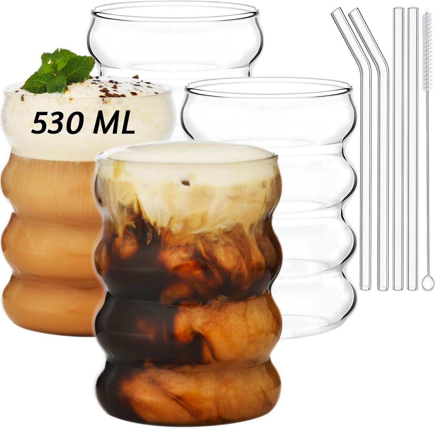 Gerippte Trinkgläser mit Glasstrohhalmen 4er Set 530ml für Cocktail