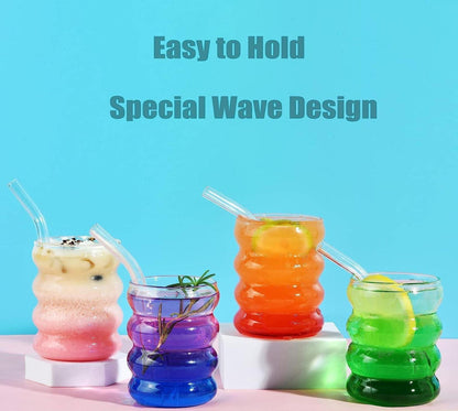 ALINK Plus Size Gerippte Trinkgläser mit Glasstrohhalmen 4er Set 530ml - bubble wave design