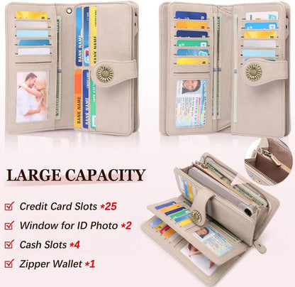 Damen Geldbörse Leder Groß RFID Schutz 24 Kartenfächer Lang Vintage