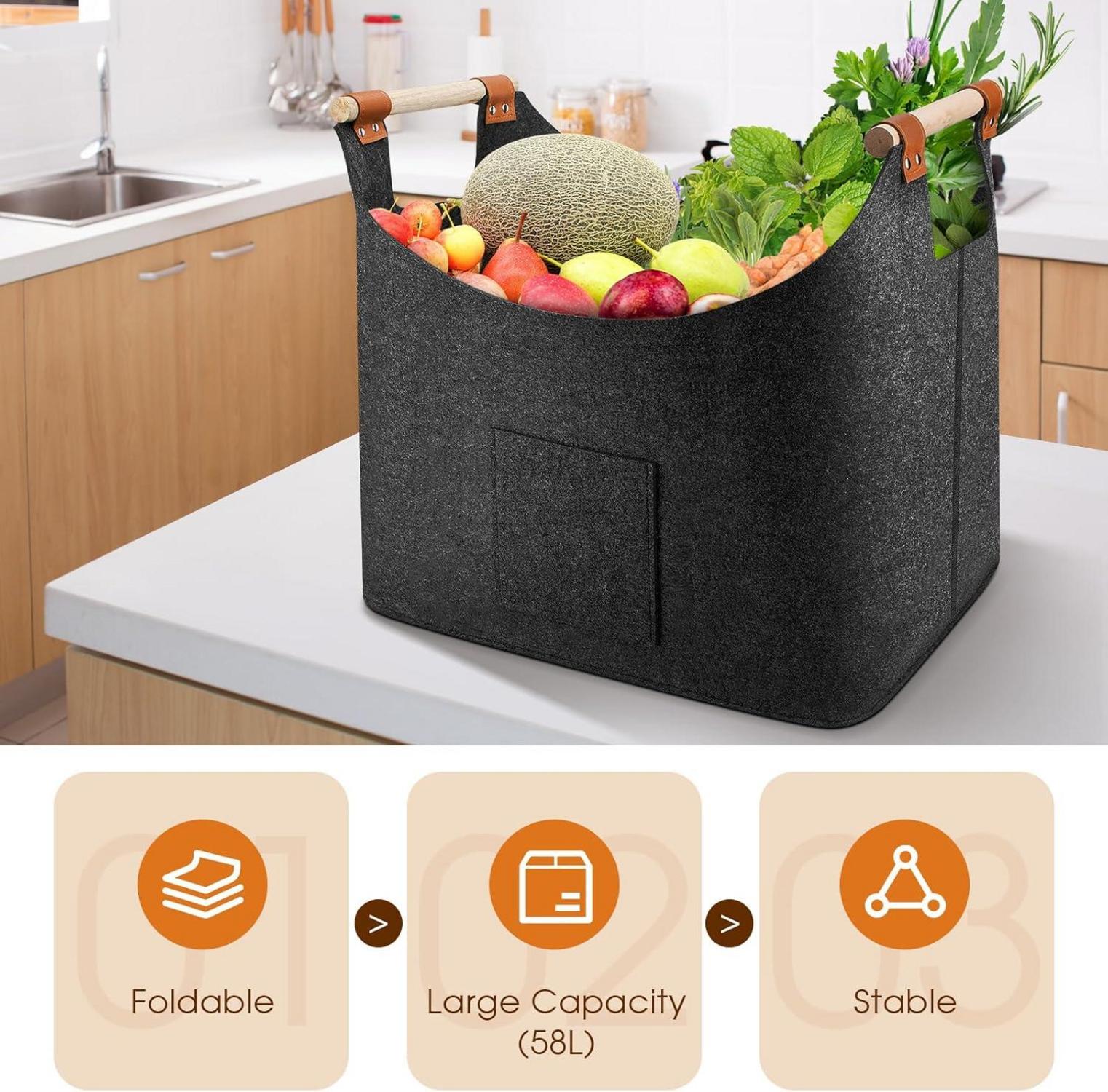 Holzkorb XL für Kaminholz Filztasche schwarz 45x32x40cm
