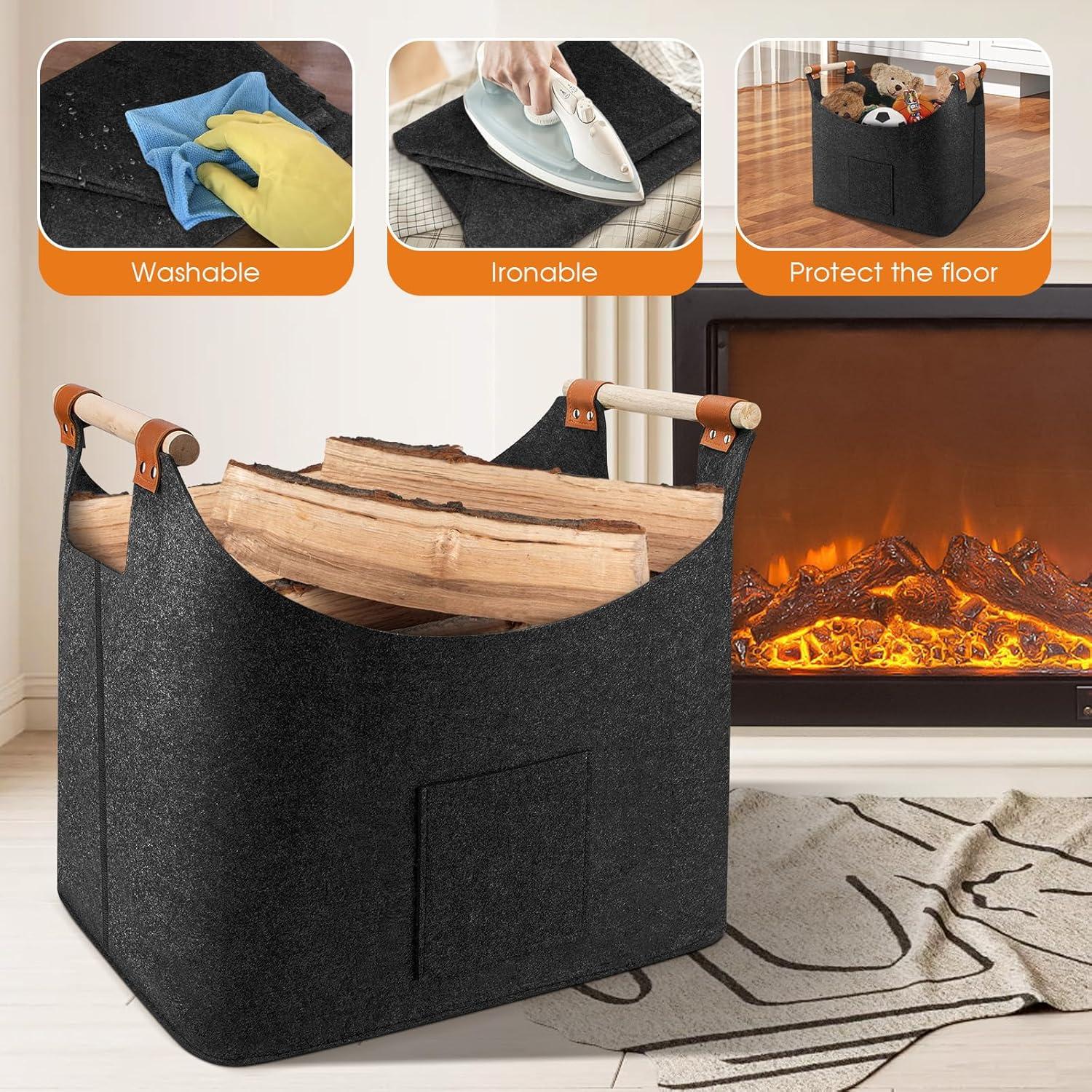 Highsam Holzkorb XL für Kamin Brennholz Spielzeug Kleidung 45x32x40cm Schwarz