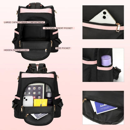 Leathario Damen Rucksack Schwarz Nylon Anti Diebstahl 28x8x17cm