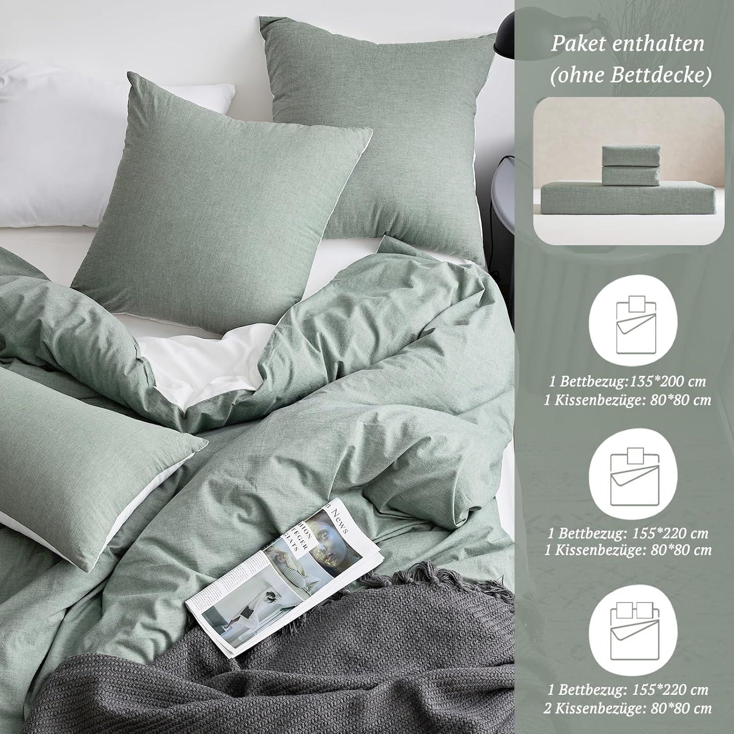 SOULFUL Bettwäsche 220x240 Baumwolle 3tlg LightGreen Stone Washed