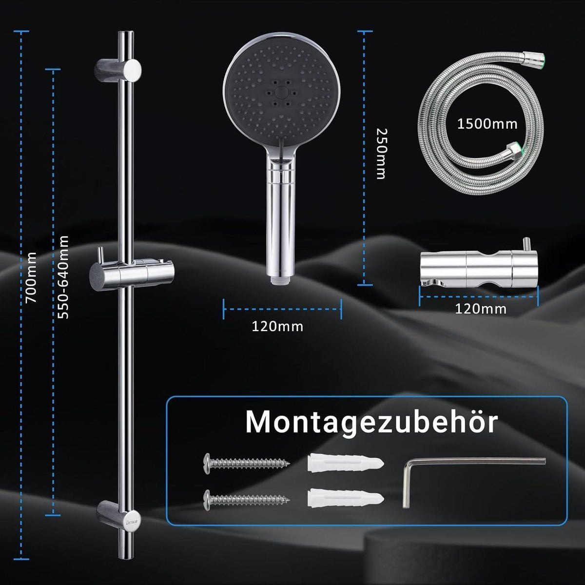 Edelstahl Duschstange Set mit Handbrause & Duschkopf 70cm