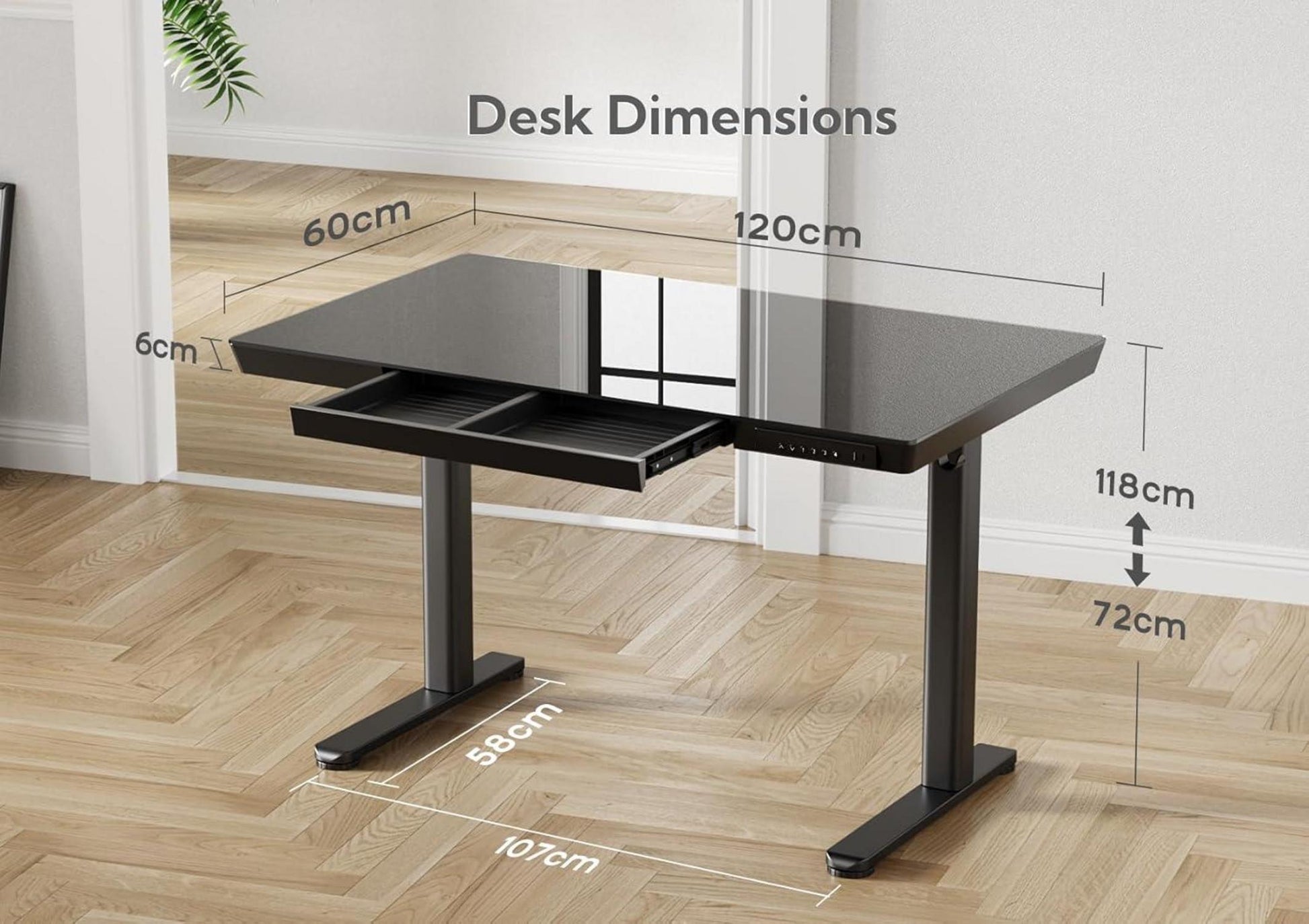 Höhenverstellbarer Schreibtisch mit Glasplatte, Schwarz 120x60 cm