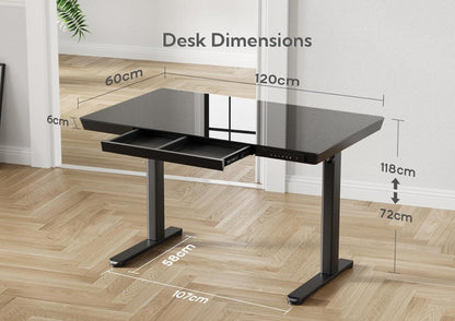 Höhenverstellbarer Schreibtisch mit Glasplatte, Schwarz 120x60 cm