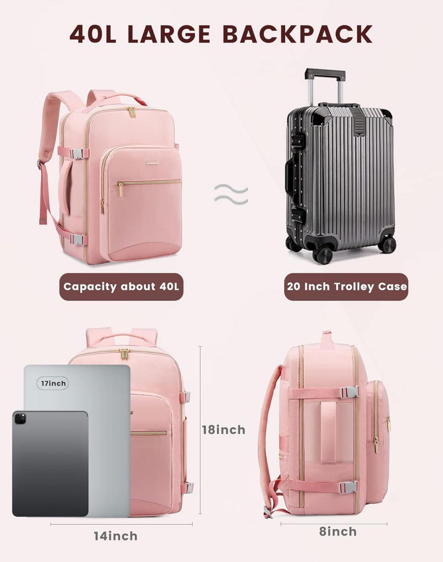 Handgepäck Rucksack 40L für Damen, Flugzeug Reisetasche 17 Zoll Laptop