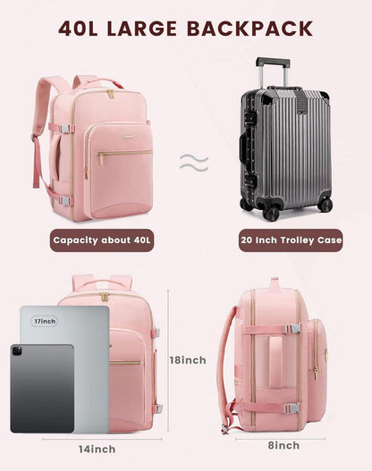 Handgepäck Rucksack 40L für Damen, Flugzeug Reisetasche 17 Zoll Laptop