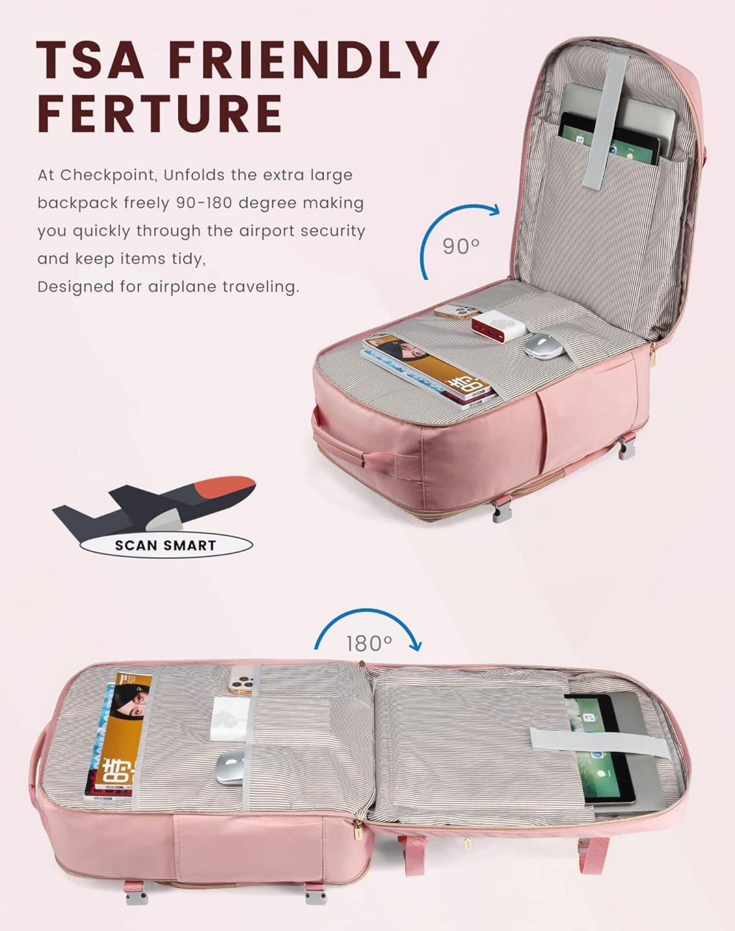 Handgepäck Rucksack Damen 40L Reiserucksack Wasserdicht 17 Zoll Laptop Dunkelrosa