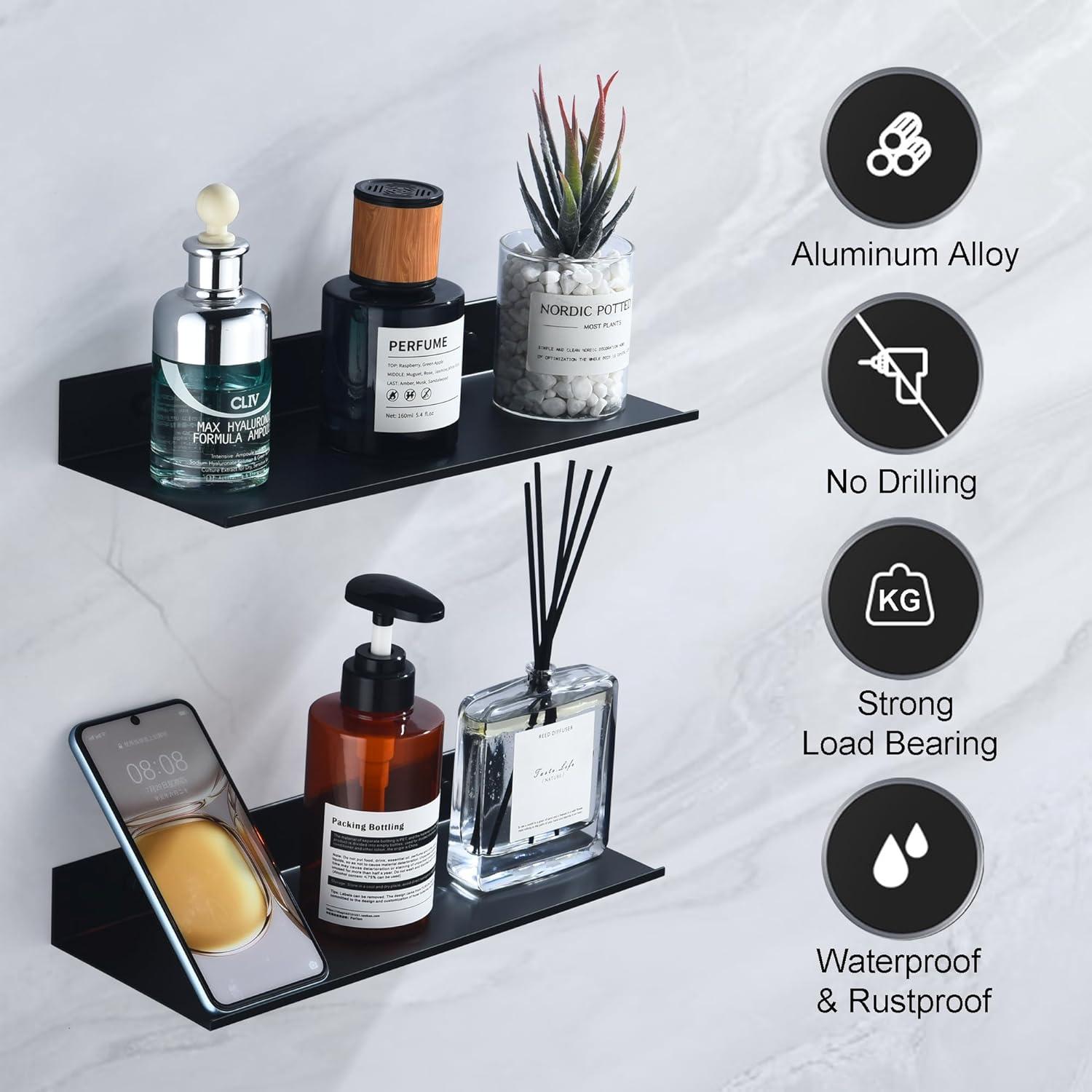 Schwarzes Duschablage Set ohne Bohren, Metall Wandregal 30cm, Badezimmerregal 2er Set