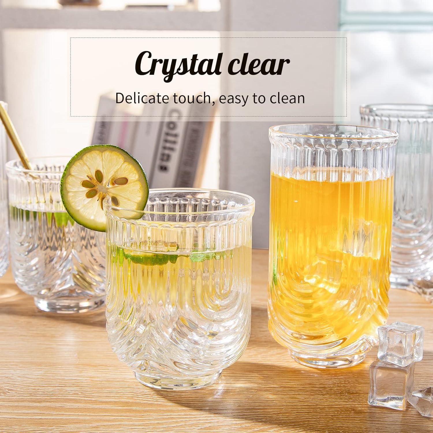 POLIDREAM Geriffelte Gläser Set 4-teilig Longdrinkglas 400ml & Glas 350ml Eiskaffee Trinkgläser Whisky Cocktails
