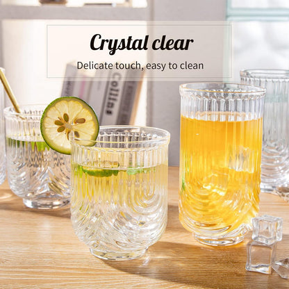 POLIDREAM Geriffelte Gläser Set 4-teilig Longdrinkglas 400ml & Glas 350ml Eiskaffee Trinkgläser Whisky Cocktails