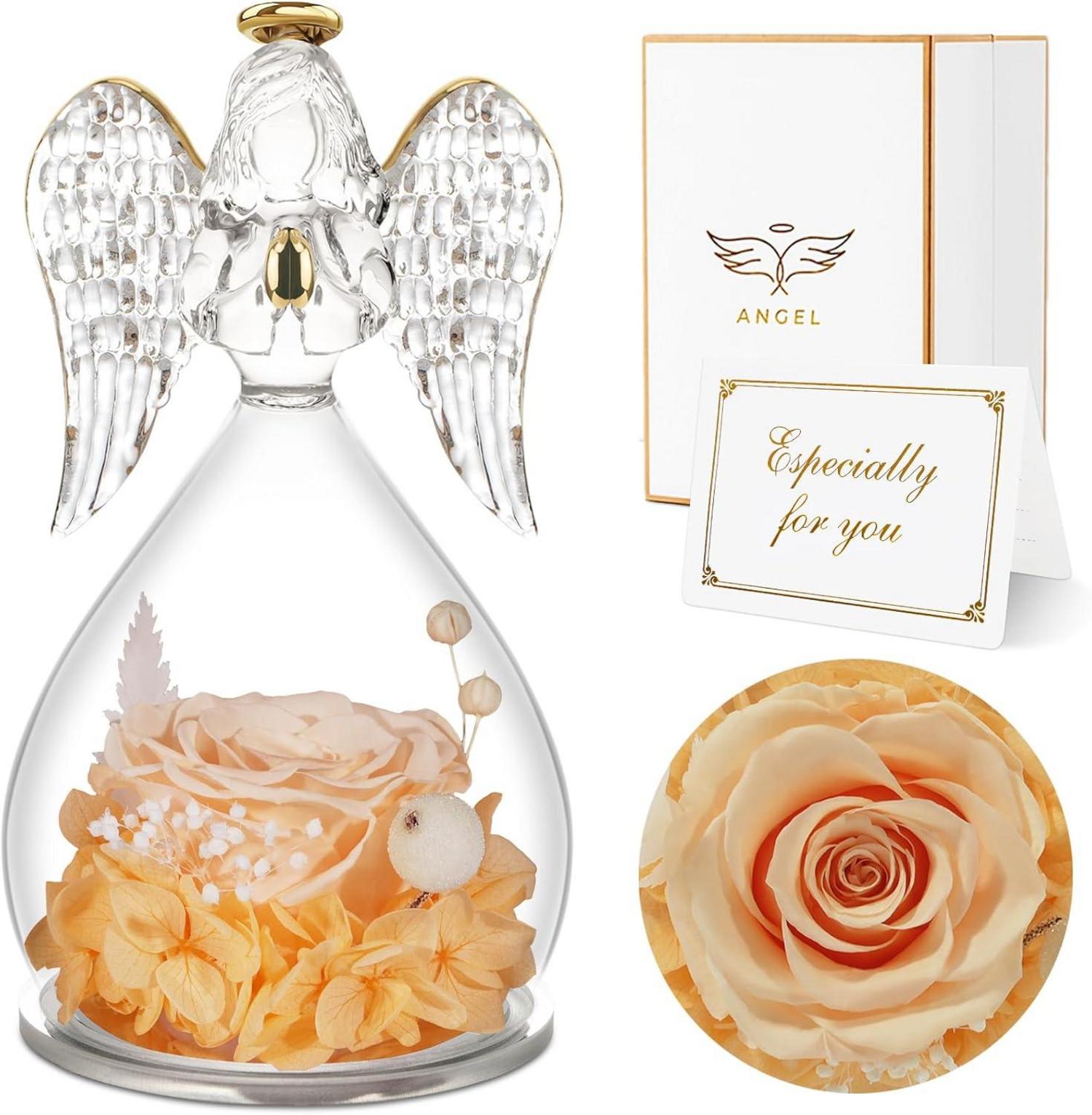 Ewige Rose mit Engel Figur in Glaskuppel - Muttertagsgeschenk