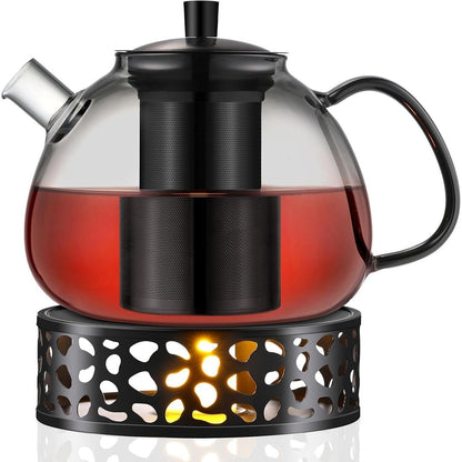 Teekanne 1500ml Glas mit Stövchen & Edelstahl-Sieb, Schwarz