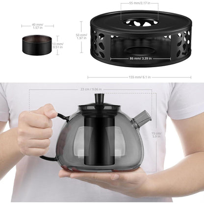 Teekanne 1500ml Glas mit Stövchen & Edelstahl-Sieb, Schwarz