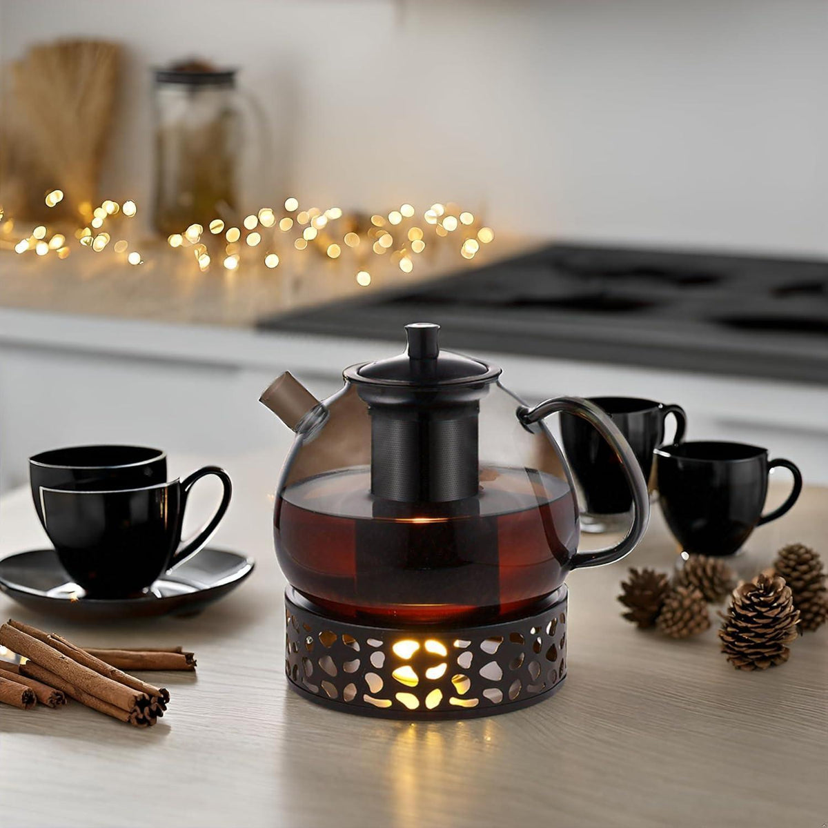 Teekanne 1500ml Glas mit Stövchen & Edelstahl-Sieb, Schwarz