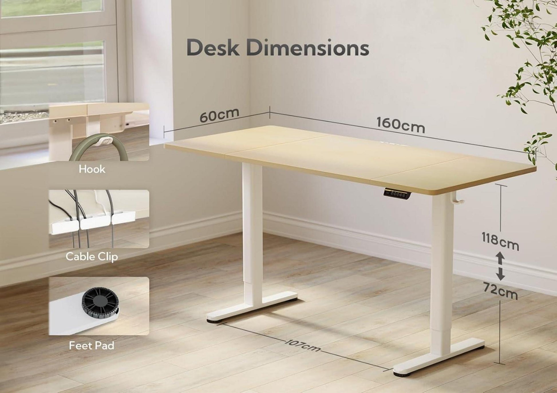 Höhenverstellbarer Schreibtisch 160x60 cm Elektrisch Weiß/Beige