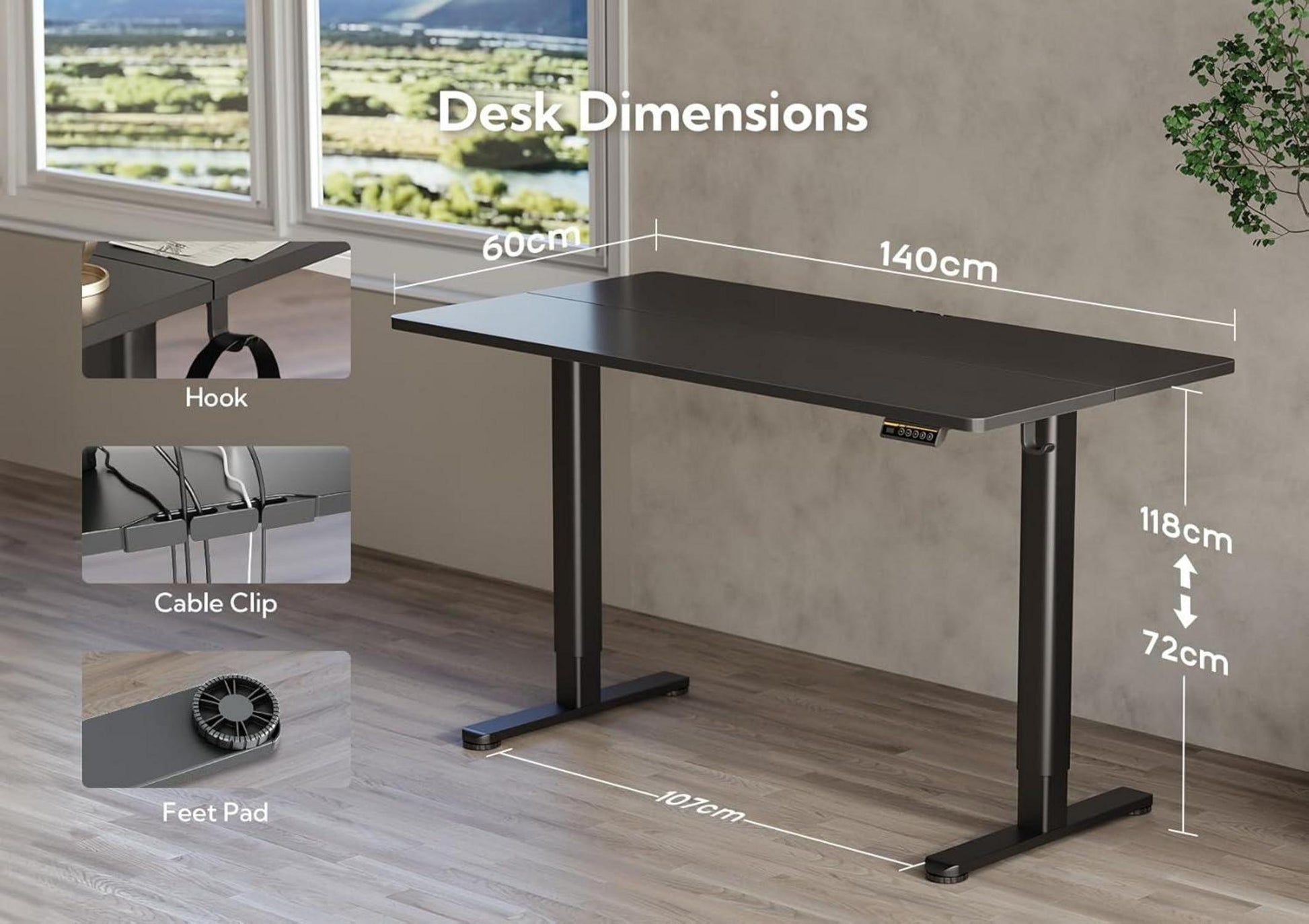 Höhenverstellbarer Schreibtisch Elektrisch 140x60 cm Schwarz