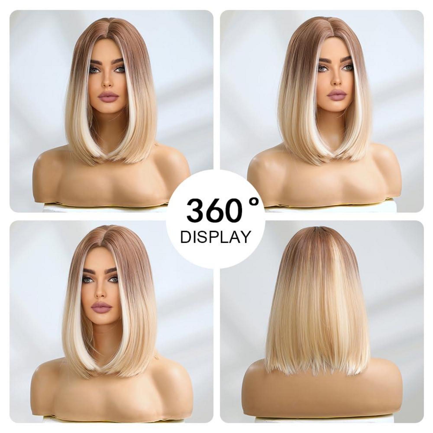Kurze Blonde Bob Ombre Perücke Synthetisch Braun Natürlich 8037