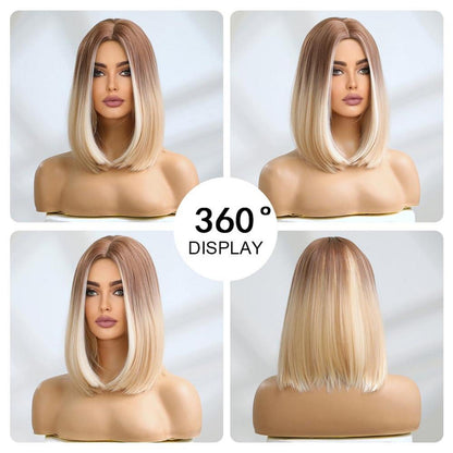 Kurze Blonde Bob Ombre Perücke Synthetisch Braun Natürlich 8037